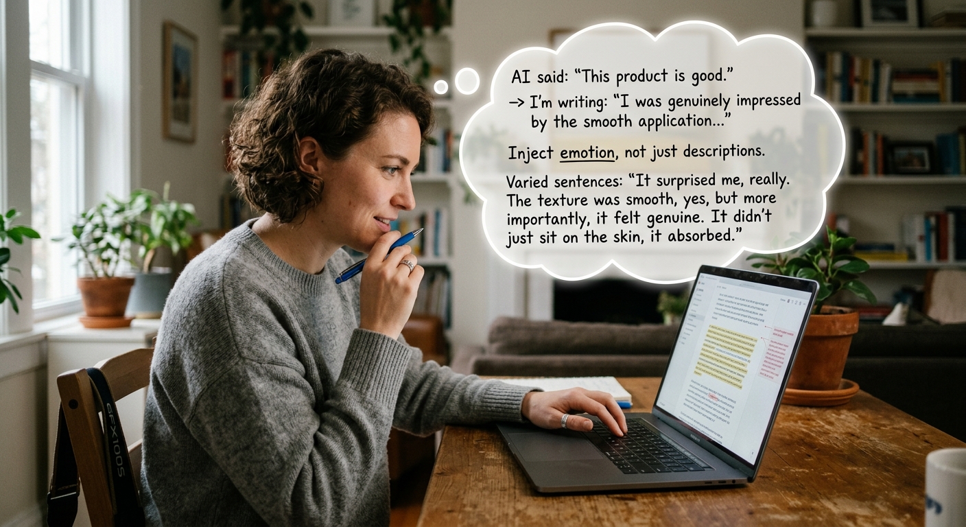 A person with a thought bubble above their head, creatively editing a block of AI-generated text on a laptop screen, add