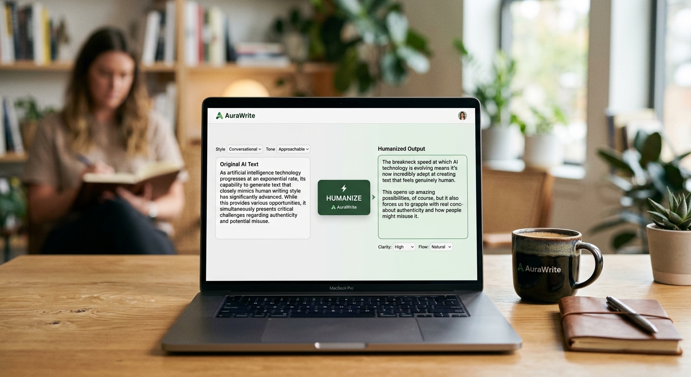 A clean, modern user interface of the AuraWrite AI humanizer tool, showing a text input box on the left with AI text, an