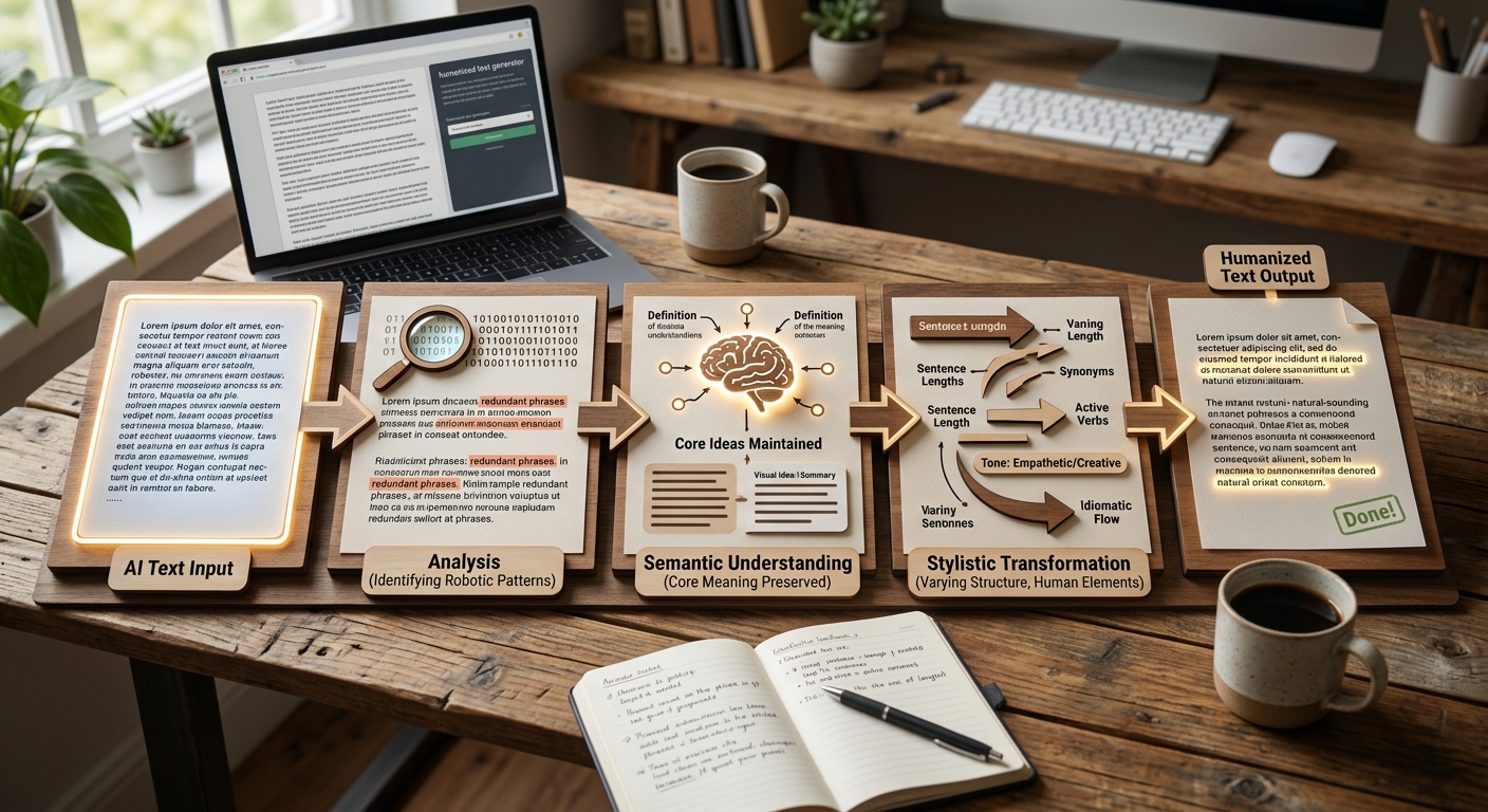 A stylized infographic showing the process of AI text transformation: AI text input -> Analysis (identifying robotic pat