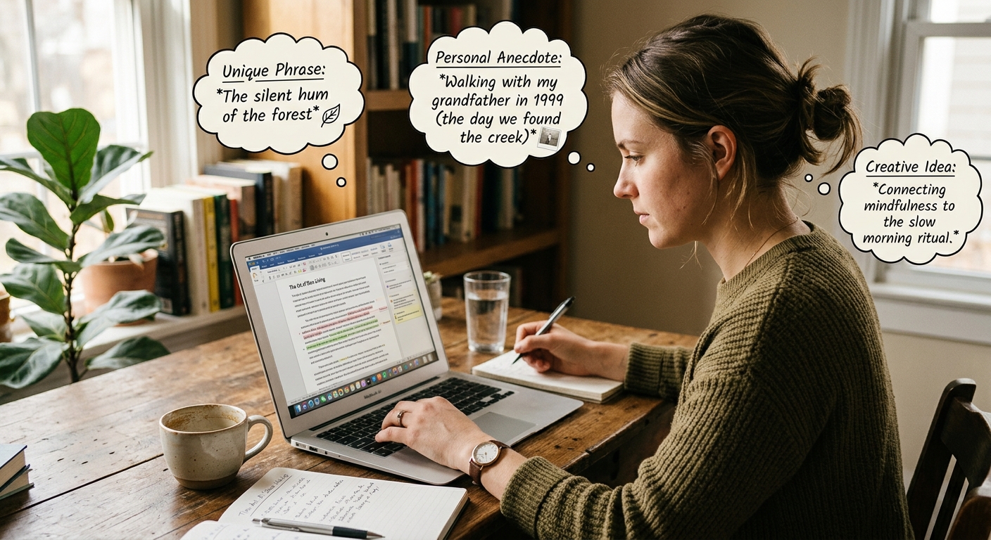 A person actively editing text on a laptop, with thought bubbles showing creative ideas, unique phrases, and personal an
